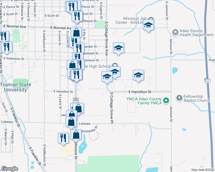 map of restaurants, bars, coffee shops, grocery stores, and more near 1515 South Cottage Grove Avenue in Kirksville