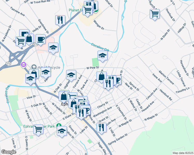 map of restaurants, bars, coffee shops, grocery stores, and more near 230 Church Avenue in Ephrata