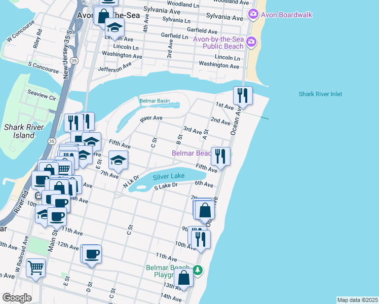 map of restaurants, bars, coffee shops, grocery stores, and more near 207 4th Avenue in Belmar