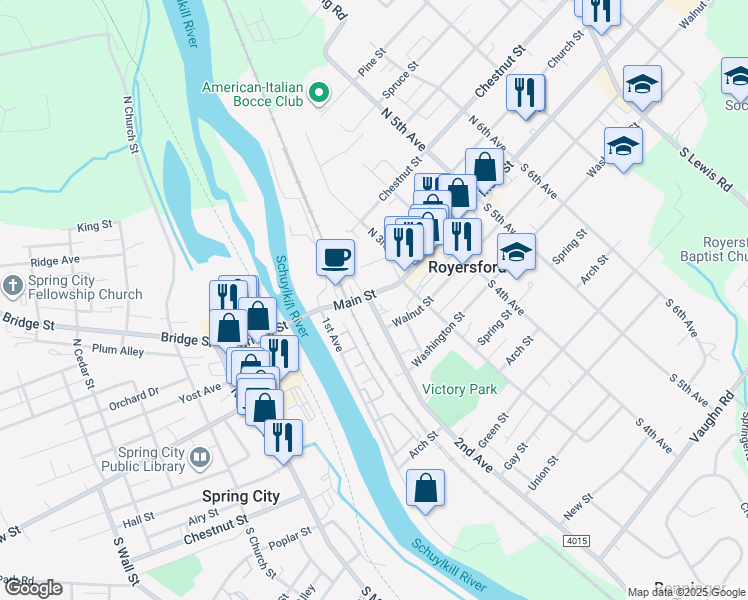 map of restaurants, bars, coffee shops, grocery stores, and more near 217 Main Street in Royersford
