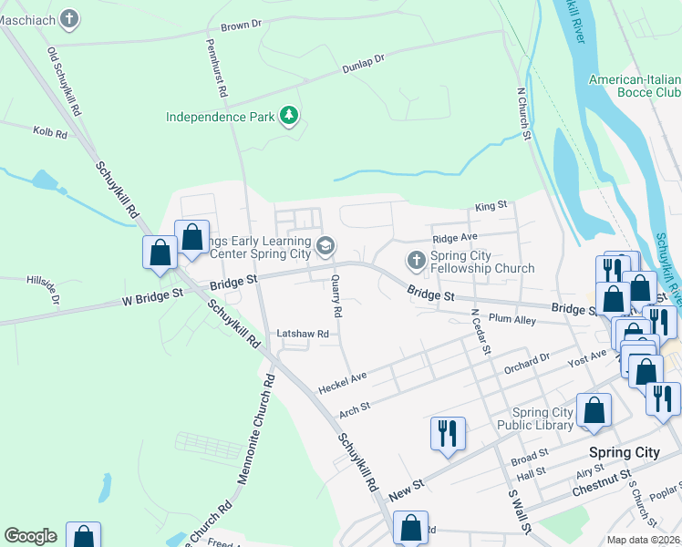 map of restaurants, bars, coffee shops, grocery stores, and more near 519 Quarry Road in Spring City