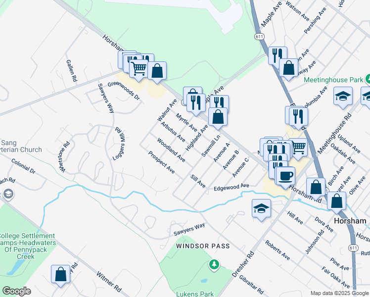 map of restaurants, bars, coffee shops, grocery stores, and more near 420 Highland Avenue in Horsham