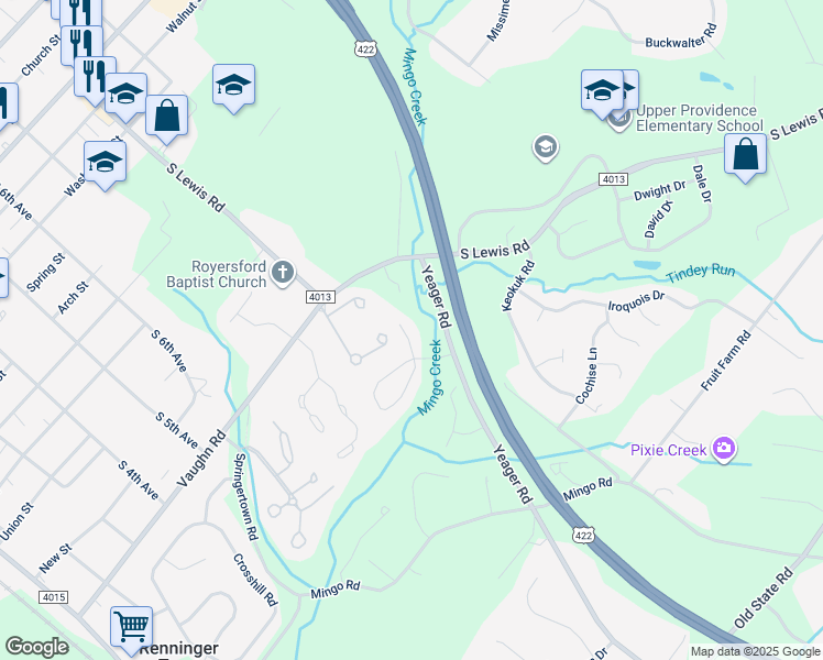 map of restaurants, bars, coffee shops, grocery stores, and more near 809 Lizzie Lane in Royersford