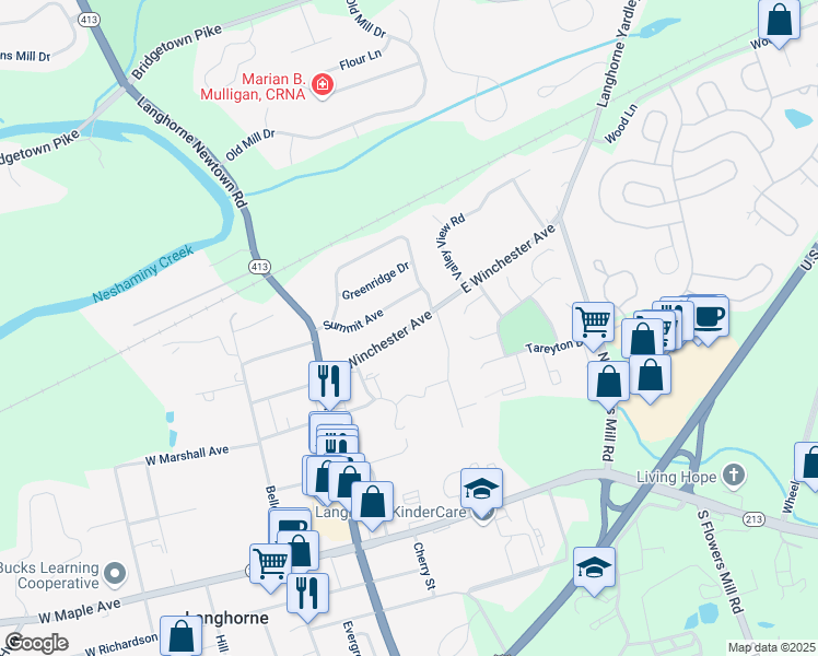 map of restaurants, bars, coffee shops, grocery stores, and more near 338 East Winchester Avenue in Langhorne