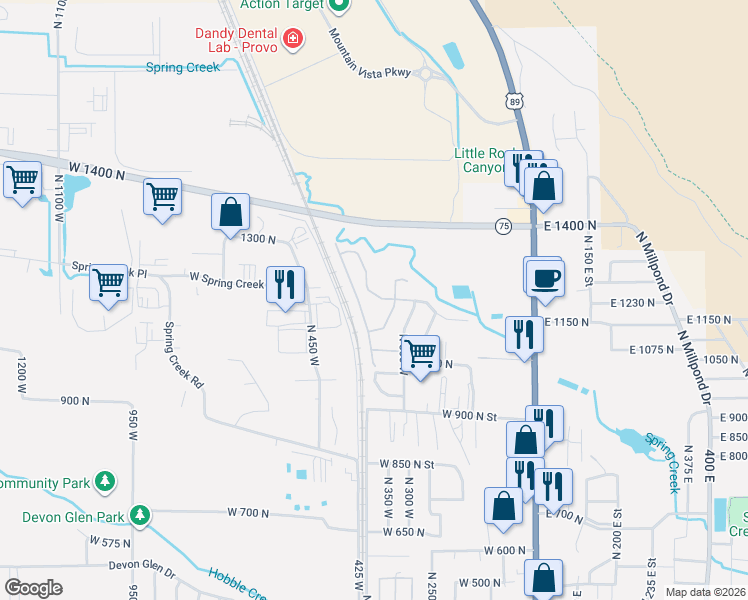 map of restaurants, bars, coffee shops, grocery stores, and more near 1025 North 300 West in Springville