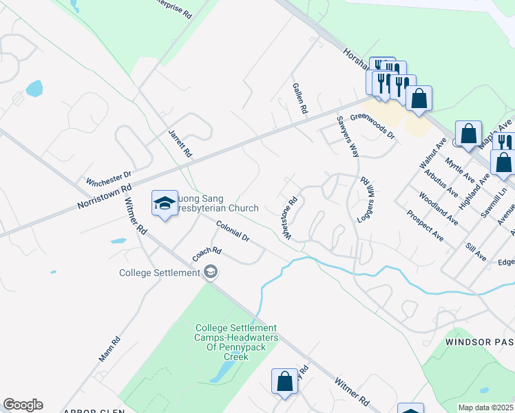 map of restaurants, bars, coffee shops, grocery stores, and more near 133 Sarahs Lane in Horsham