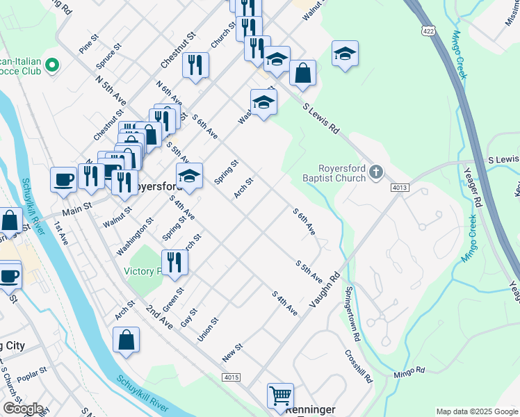 map of restaurants, bars, coffee shops, grocery stores, and more near 524 Green Street in Royersford
