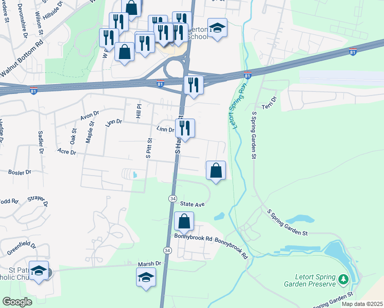 map of restaurants, bars, coffee shops, grocery stores, and more near 21 Bentley Place in Carlisle