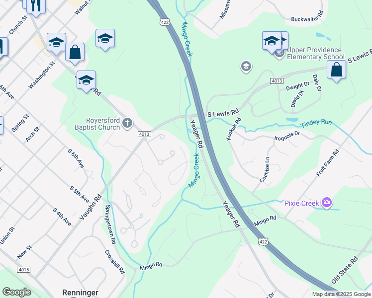 map of restaurants, bars, coffee shops, grocery stores, and more near 809 Lizzie Lane in Royersford