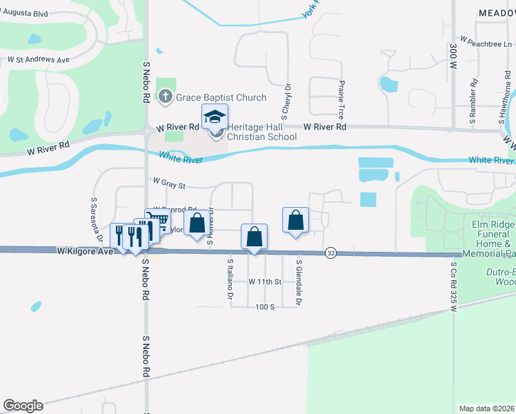 map of restaurants, bars, coffee shops, grocery stores, and more near 1114 South Stockport Drive in Muncie
