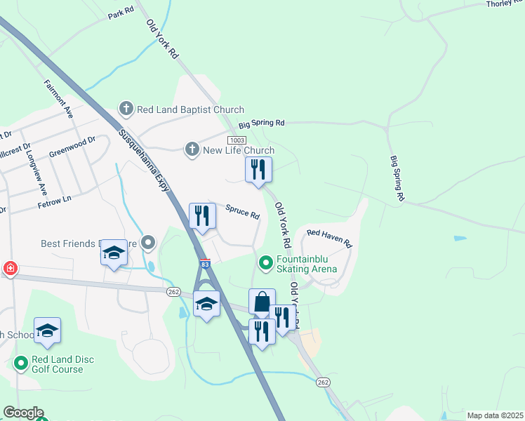 map of restaurants, bars, coffee shops, grocery stores, and more near 486 Spruce Rd in New Cumberland