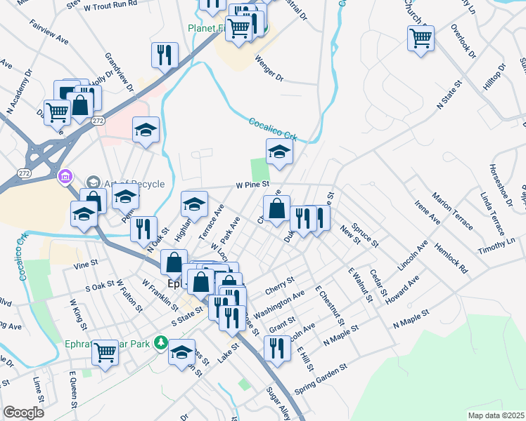 map of restaurants, bars, coffee shops, grocery stores, and more near 230 Church Avenue in Ephrata