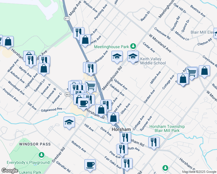 map of restaurants, bars, coffee shops, grocery stores, and more near 311 Meetinghouse Road in Horsham