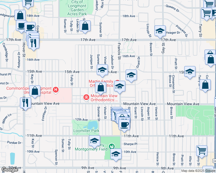 map of restaurants, bars, coffee shops, grocery stores, and more near 1605 14th Avenue in Longmont