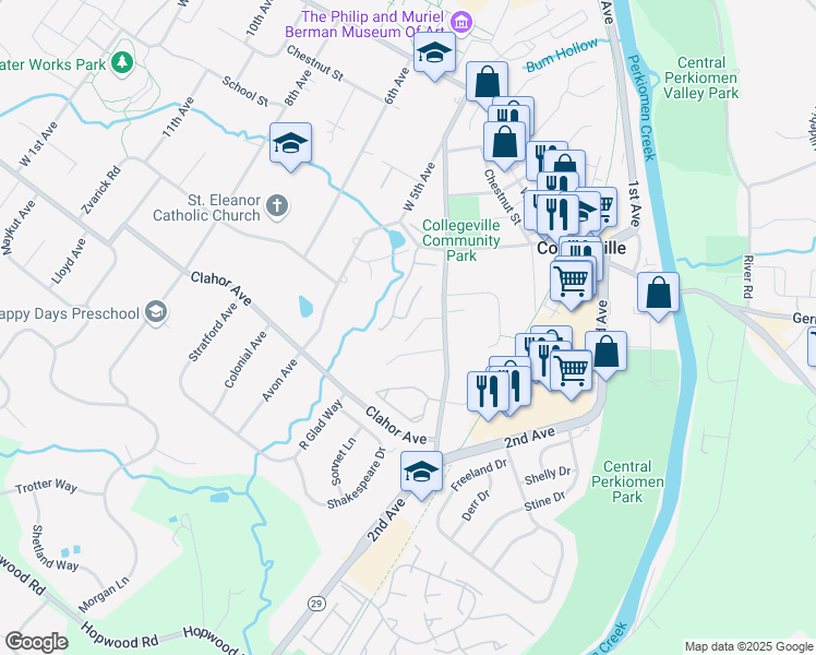 map of restaurants, bars, coffee shops, grocery stores, and more near 130 Leslen Lane in Collegeville