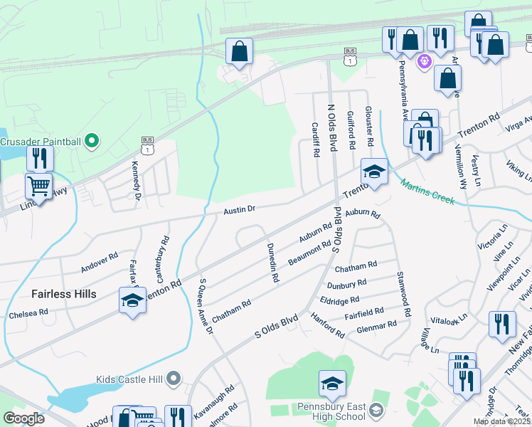 map of restaurants, bars, coffee shops, grocery stores, and more near 648 Austin Drive in Fairless Hills