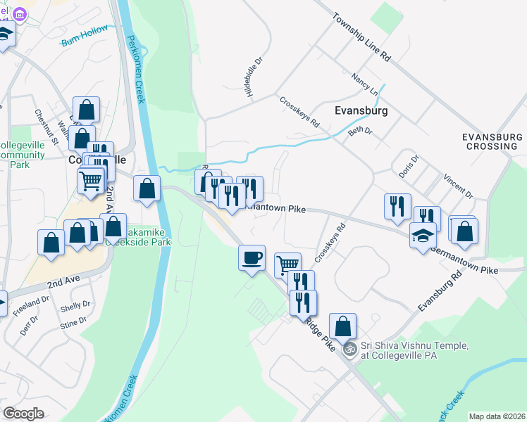 map of restaurants, bars, coffee shops, grocery stores, and more near 3950 Germantown Pike in Collegeville