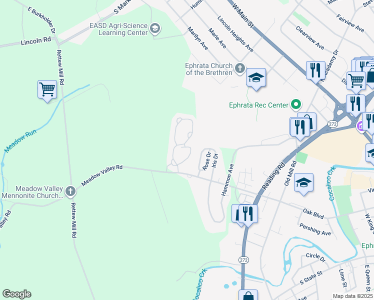 map of restaurants, bars, coffee shops, grocery stores, and more near 73 Stonecreek Court in Ephrata