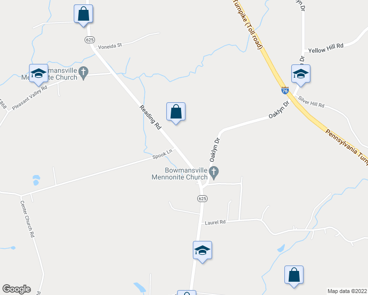 map of restaurants, bars, coffee shops, grocery stores, and more near 1040 Reading Road in Narvon