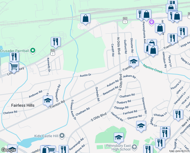 map of restaurants, bars, coffee shops, grocery stores, and more near 648 Austin Drive in Fairless Hills