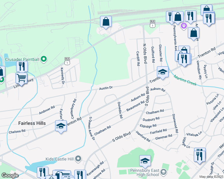 map of restaurants, bars, coffee shops, grocery stores, and more near 636 Austin Drive in Fairless Hills