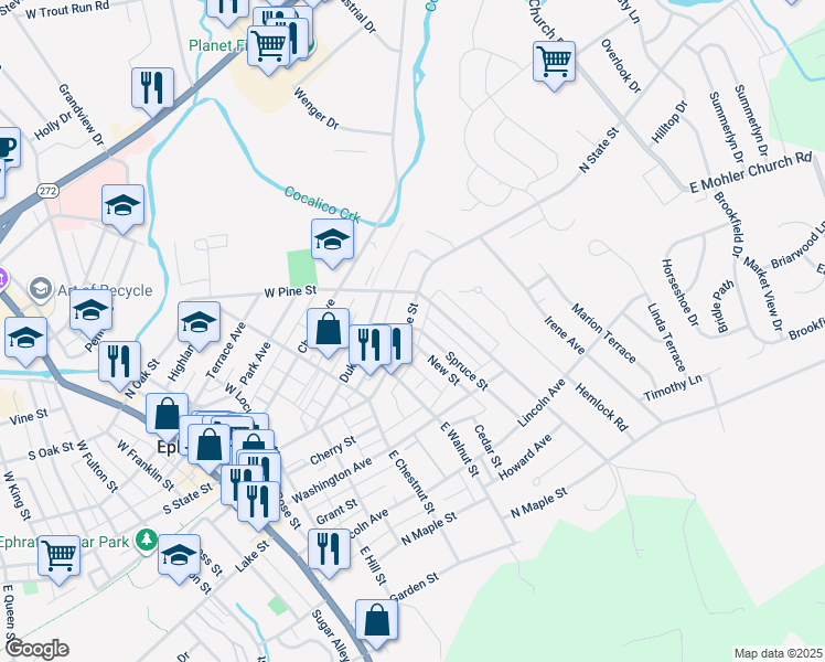 map of restaurants, bars, coffee shops, grocery stores, and more near 449 North State Street in Ephrata