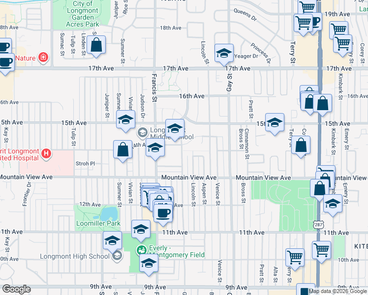 map of restaurants, bars, coffee shops, grocery stores, and more near 1378 14th Avenue in Longmont