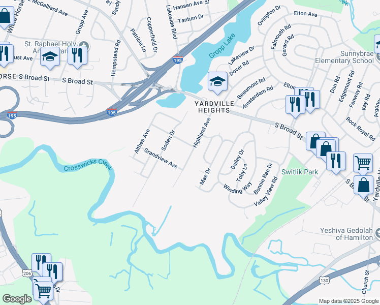 map of restaurants, bars, coffee shops, grocery stores, and more near 143 Highland Avenue in Hamilton Township
