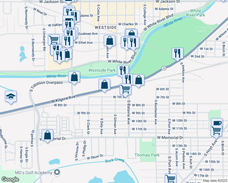 map of restaurants, bars, coffee shops, grocery stores, and more near 1301 South Gilman Avenue in Muncie