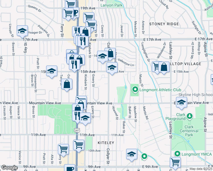 map of restaurants, bars, coffee shops, grocery stores, and more near 321 14th Place in Longmont
