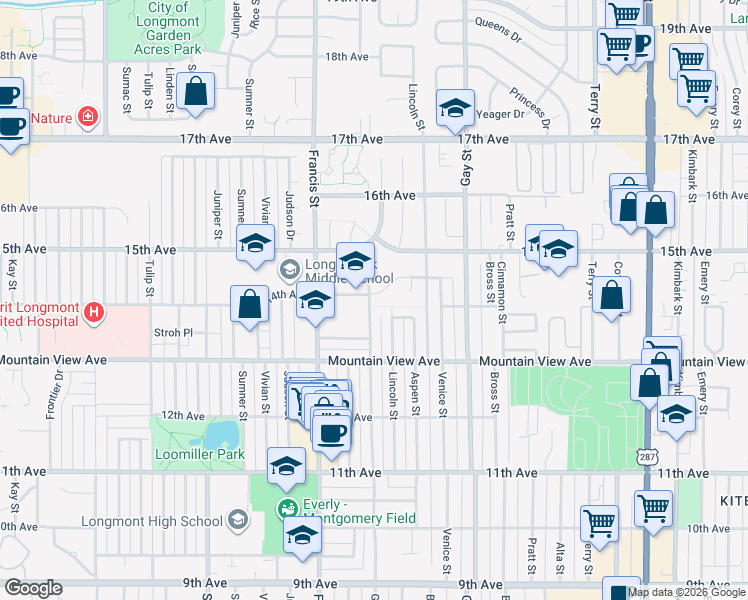 map of restaurants, bars, coffee shops, grocery stores, and more near 1378 14th Avenue in Longmont