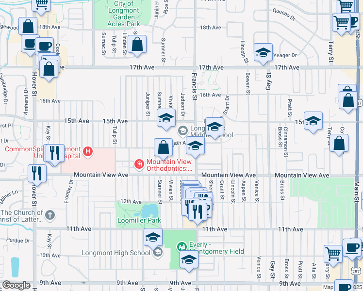 map of restaurants, bars, coffee shops, grocery stores, and more near 1605 14th Avenue in Longmont