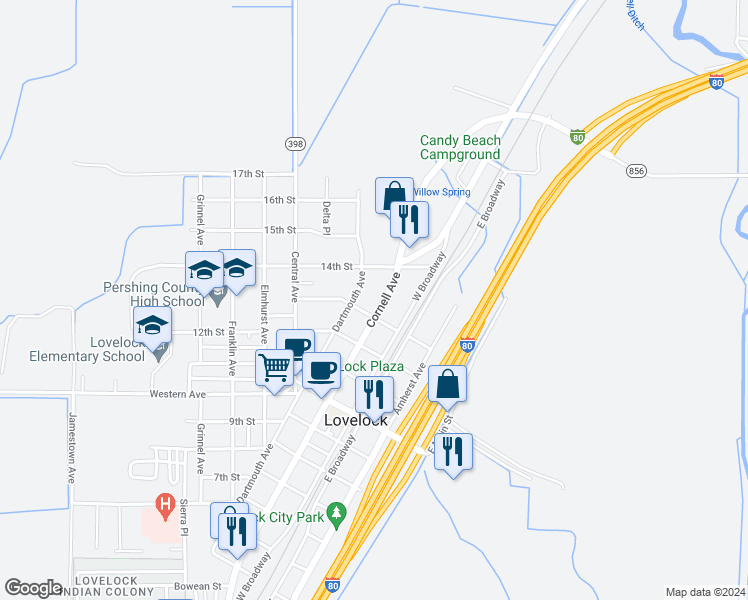 map of restaurants, bars, coffee shops, grocery stores, and more near 1340 Dartmouth Avenue in Lovelock