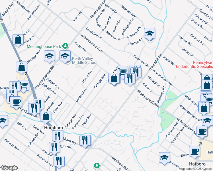 map of restaurants, bars, coffee shops, grocery stores, and more near 217 Summer Avenue in Horsham