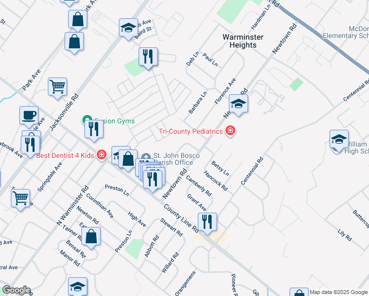 map of restaurants, bars, coffee shops, grocery stores, and more near 135 Woodlawn Road in Warminster Heights
