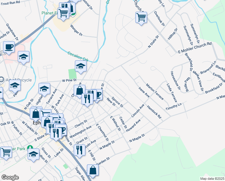 map of restaurants, bars, coffee shops, grocery stores, and more near 37 E Pine St in Ephrata