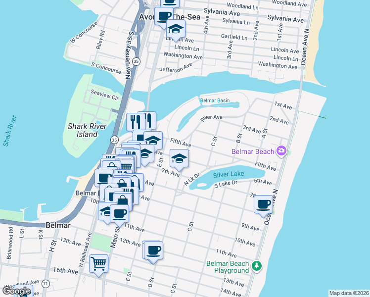 map of restaurants, bars, coffee shops, grocery stores, and more near 505 5th Avenue in Belmar