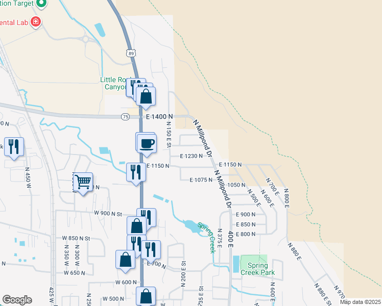 map of restaurants, bars, coffee shops, grocery stores, and more near 255 East 1230 North in Springville