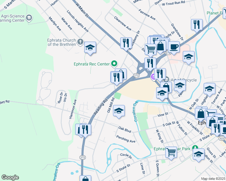 map of restaurants, bars, coffee shops, grocery stores, and more near 201 South Reading Road in Ephrata