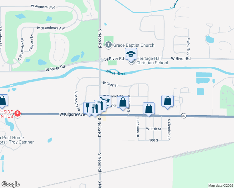 map of restaurants, bars, coffee shops, grocery stores, and more near 6300 West Penrod Road in Muncie