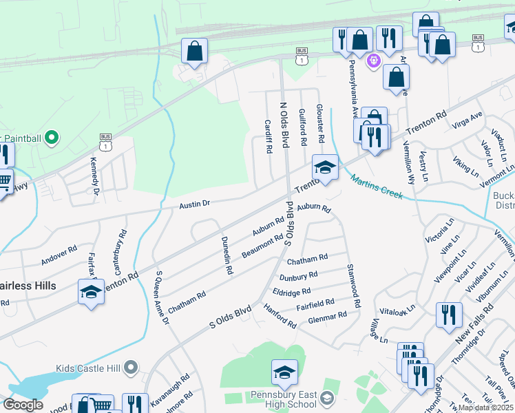 map of restaurants, bars, coffee shops, grocery stores, and more near 689 Trenton Road in Fairless Hills