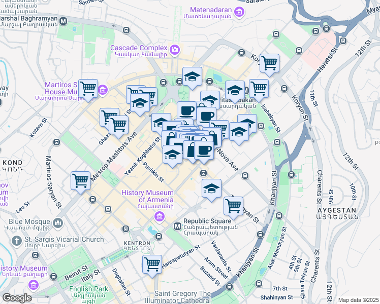 map of restaurants, bars, coffee shops, grocery stores, and more near 21 Tumanyan Street in Yerevan
