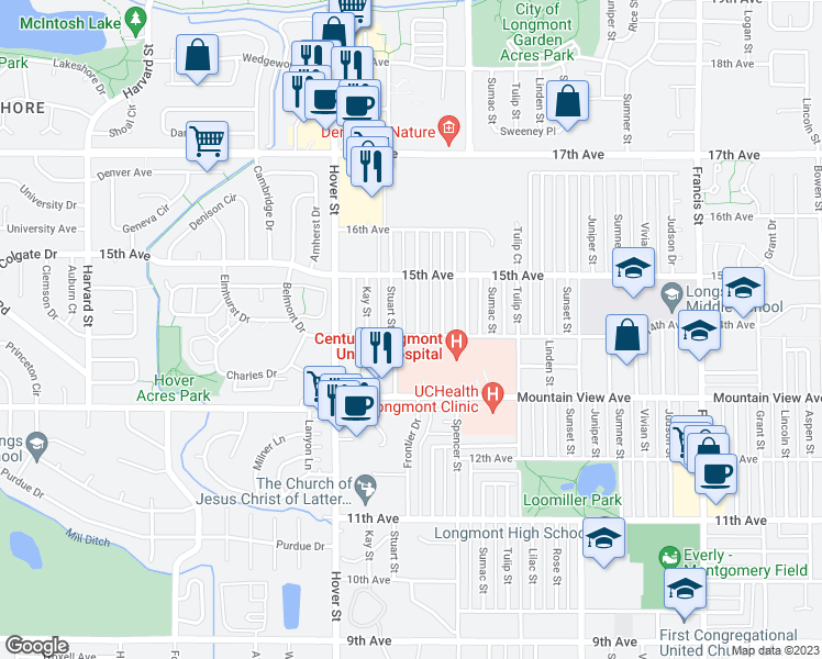 map of restaurants, bars, coffee shops, grocery stores, and more near 1403 Frontier Street in Longmont
