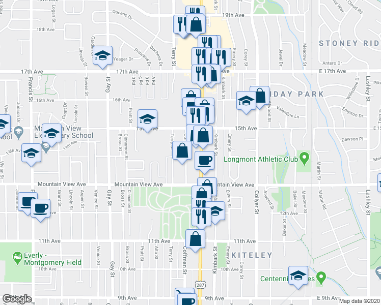 map of restaurants, bars, coffee shops, grocery stores, and more near 1406 Coffman Street in Longmont