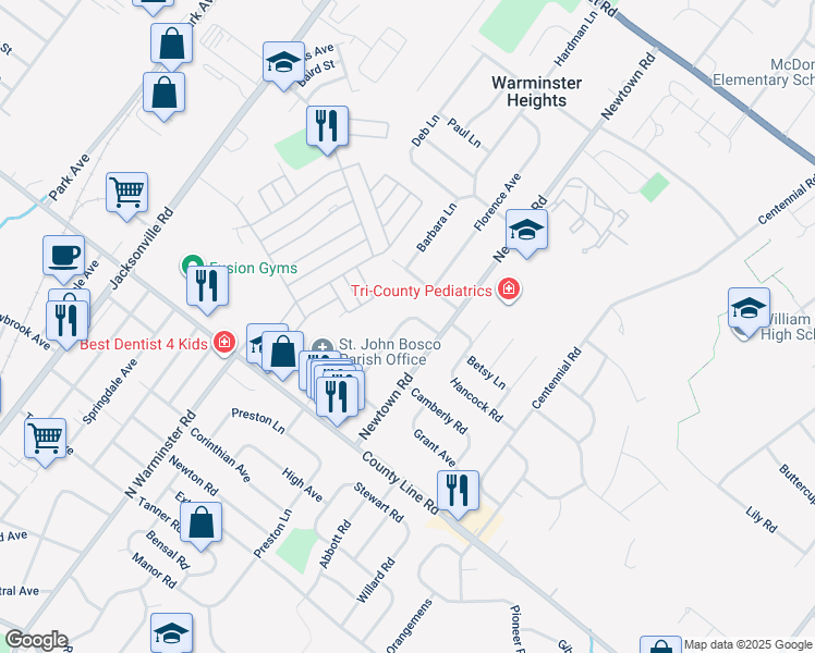 map of restaurants, bars, coffee shops, grocery stores, and more near 135 Woodlawn Road in Warminster Heights