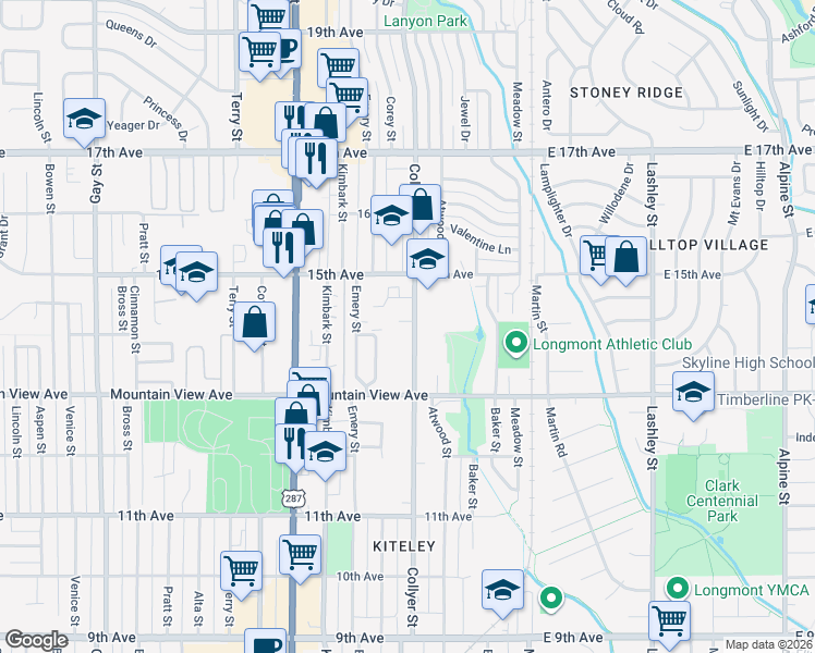 map of restaurants, bars, coffee shops, grocery stores, and more near 321 14th Place in Longmont