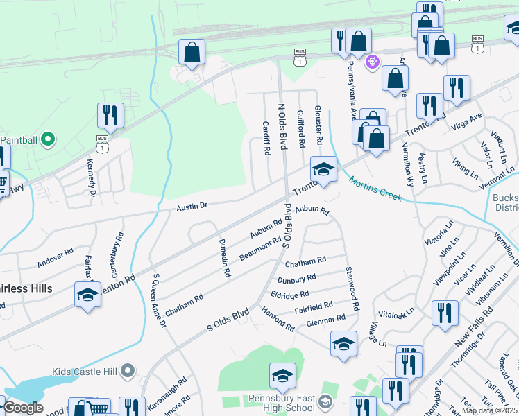 map of restaurants, bars, coffee shops, grocery stores, and more near 725 Trenton Road in Fairless Hills