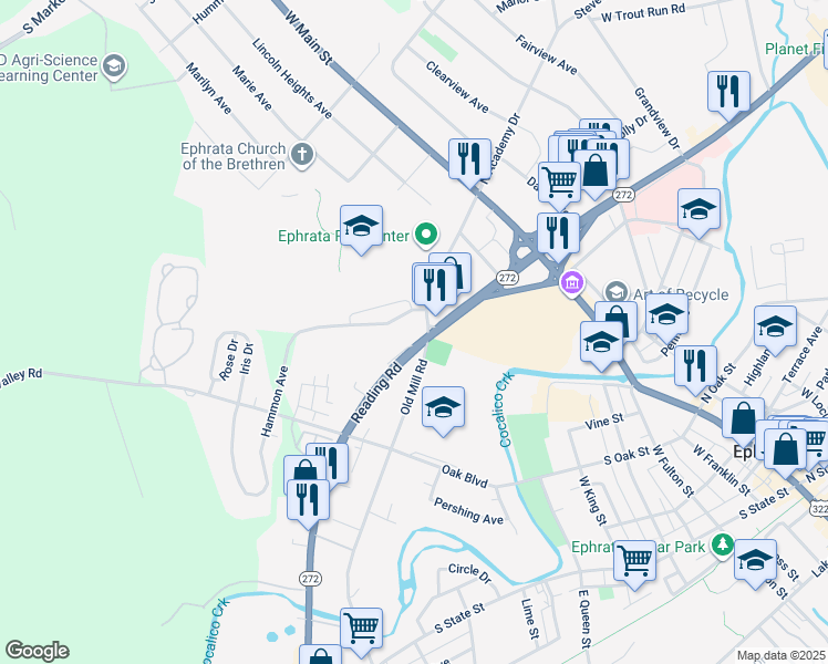 map of restaurants, bars, coffee shops, grocery stores, and more near 201 South Reading Road in Ephrata