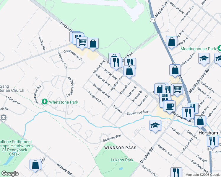 map of restaurants, bars, coffee shops, grocery stores, and more near 410 Highland Avenue in Horsham