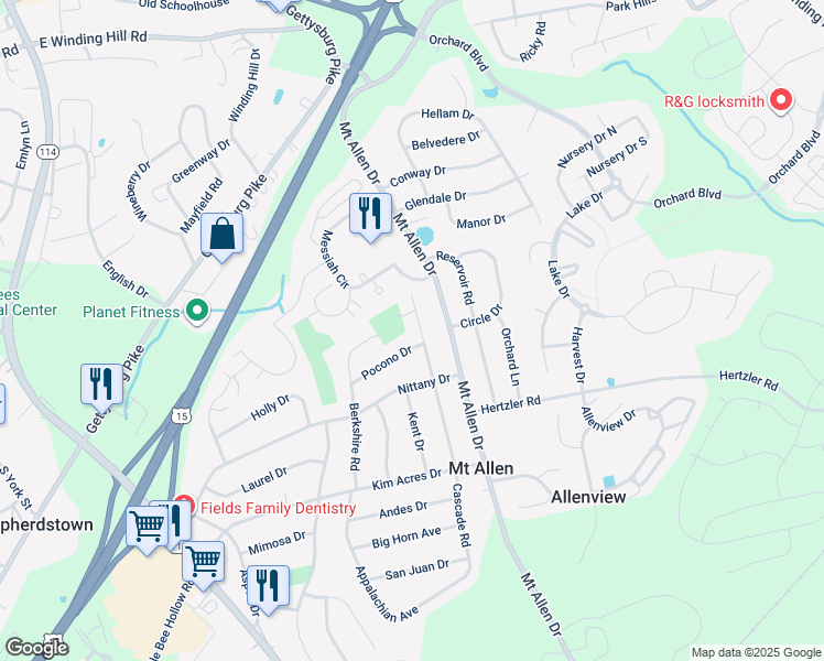 map of restaurants, bars, coffee shops, grocery stores, and more near 312 Cascade Road in Mechanicsburg